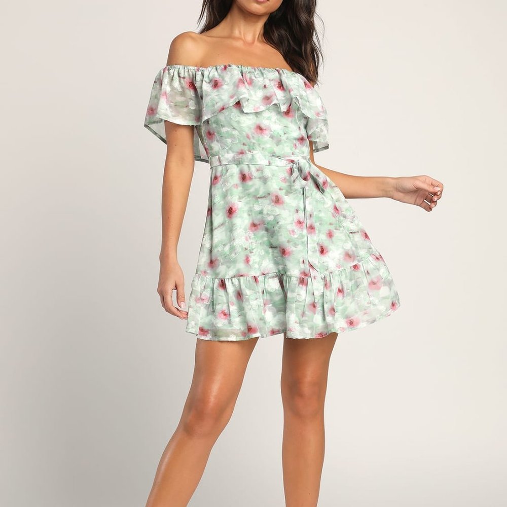 Lulu's French Gardens Mini Dress XL Green Burnout Floral Off the Shoulder Ruffle